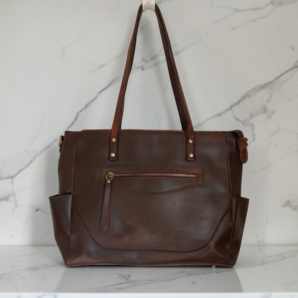 S-ZONE Tote Shoulder Laptop Bag Tote 15x12" Brown Leather Distressed Grunge